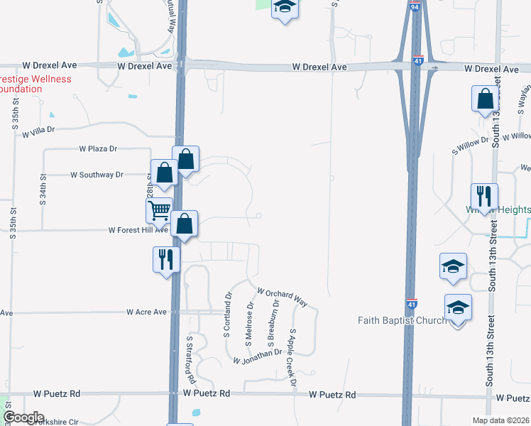 map of restaurants, bars, coffee shops, grocery stores, and more near 2165 West Colonial Woods Drive in Oak Creek