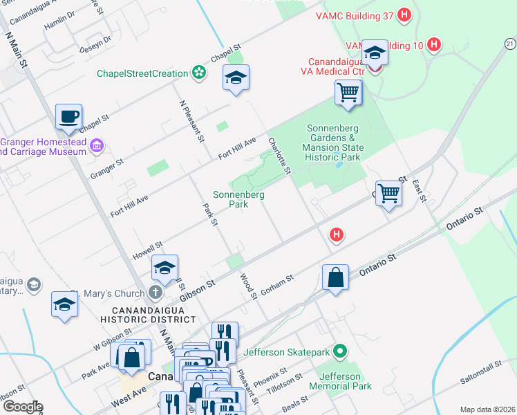 map of restaurants, bars, coffee shops, grocery stores, and more near 185 Howell Street in Canandaigua