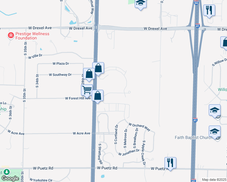 map of restaurants, bars, coffee shops, grocery stores, and more near 2480 West Colonial Woods Drive in Oak Creek