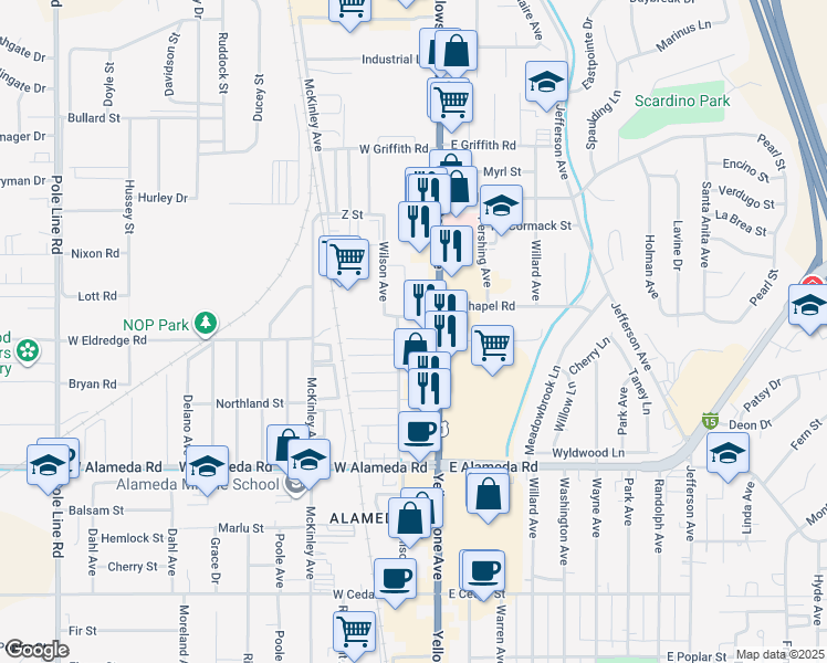 map of restaurants, bars, coffee shops, grocery stores, and more near 1117 Yellowstone Avenue in Pocatello