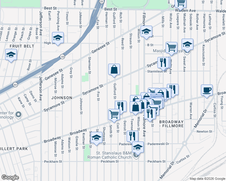 map of restaurants, bars, coffee shops, grocery stores, and more near 123 Guilford Street in Buffalo