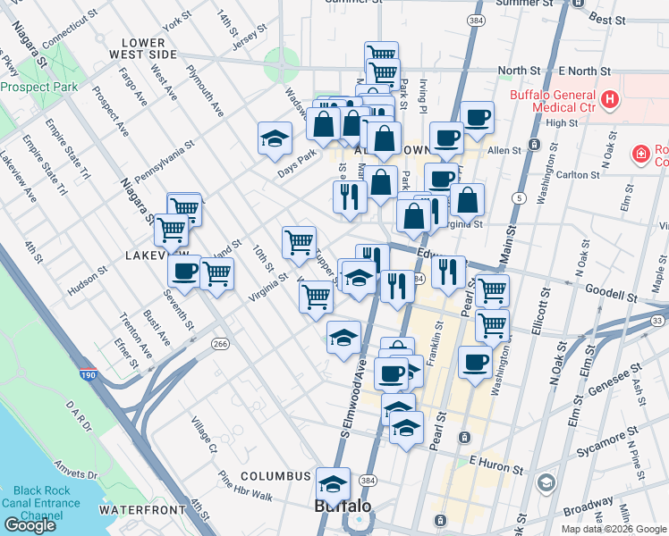 map of restaurants, bars, coffee shops, grocery stores, and more near 95 Trinity Place in Buffalo