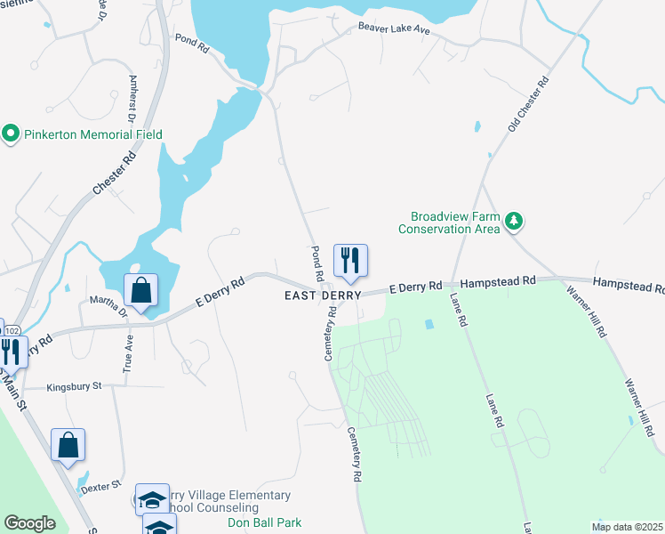 map of restaurants, bars, coffee shops, grocery stores, and more near 1 Pond Road in Derry