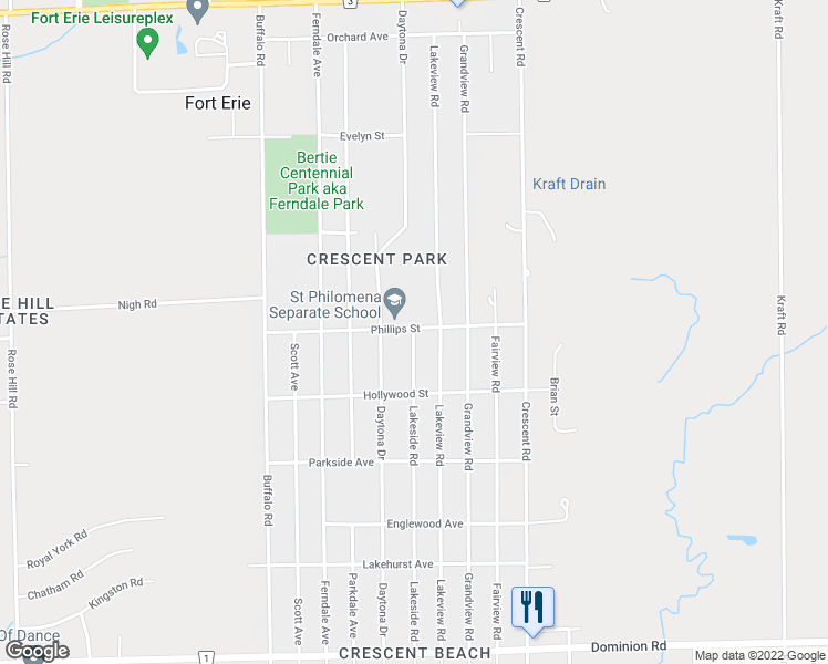 map of restaurants, bars, coffee shops, grocery stores, and more near 708 Lakeside Road in Fort Erie