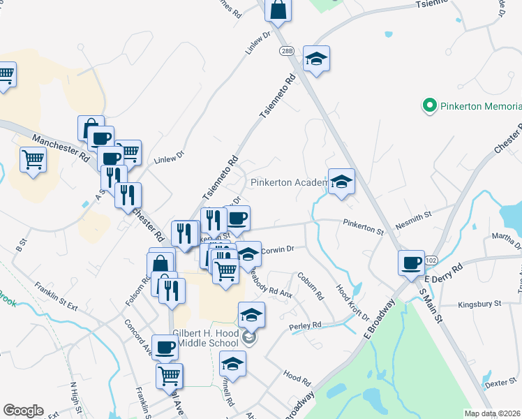 map of restaurants, bars, coffee shops, grocery stores, and more near 2 Bristol Court in Derry