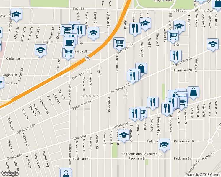 map of restaurants, bars, coffee shops, grocery stores, and more near 438 Sherman Street in Buffalo