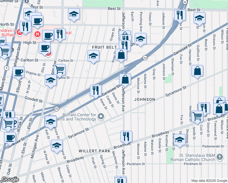 map of restaurants, bars, coffee shops, grocery stores, and more near 569 Genesee Street in Buffalo