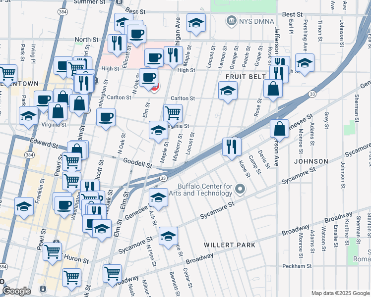map of restaurants, bars, coffee shops, grocery stores, and more near 73 Mulberry Street in Buffalo