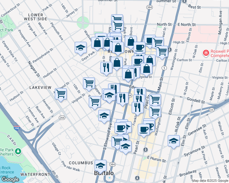 map of restaurants, bars, coffee shops, grocery stores, and more near 47 Trinity Place in Buffalo