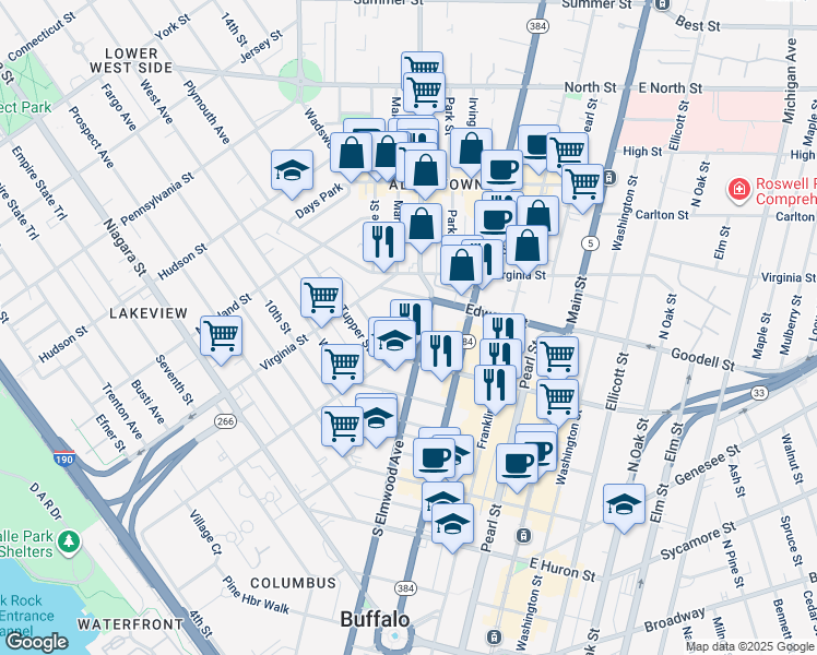 map of restaurants, bars, coffee shops, grocery stores, and more near 47 Trinity Place in Buffalo