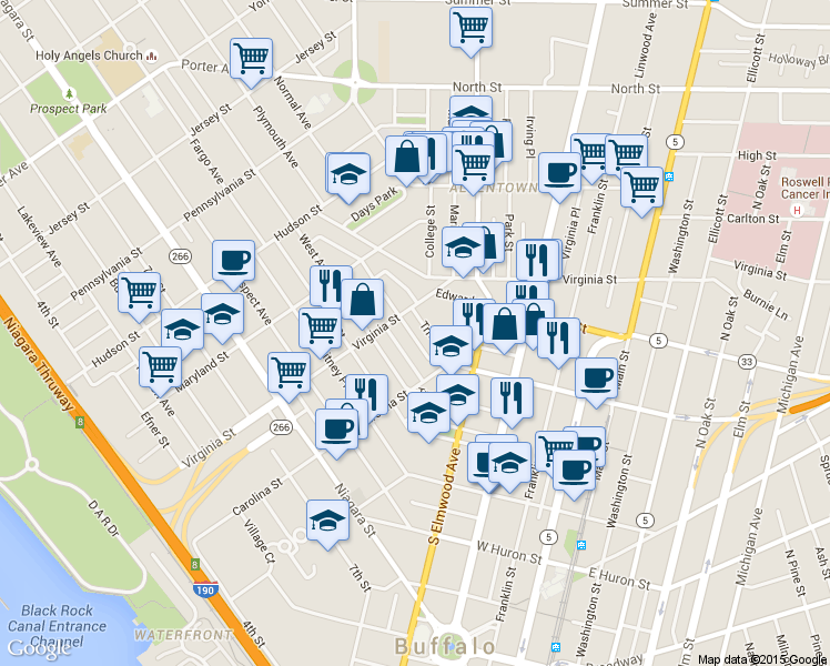 map of restaurants, bars, coffee shops, grocery stores, and more near 95 Trinity Place in Buffalo