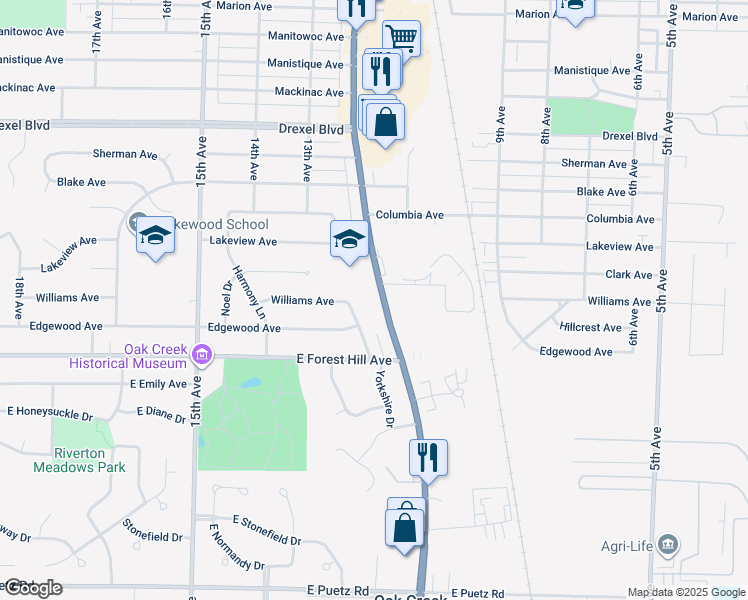 map of restaurants, bars, coffee shops, grocery stores, and more near 3611 South Chicago Avenue in South Milwaukee
