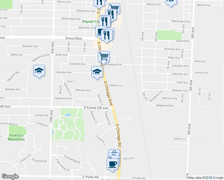 map of restaurants, bars, coffee shops, grocery stores, and more near 3611 South Chicago Avenue in South Milwaukee