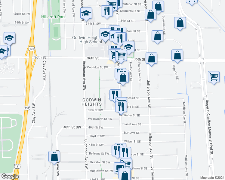 map of restaurants, bars, coffee shops, grocery stores, and more near 22 Jordan Street Southwest in Grand Rapids