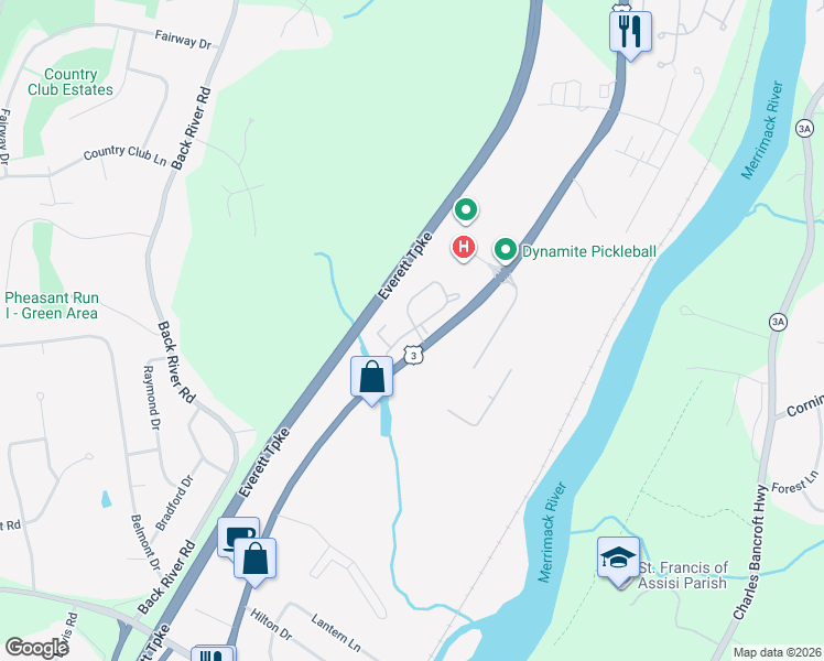map of restaurants, bars, coffee shops, grocery stores, and more near 9 Kimberly Drive in Merrimack