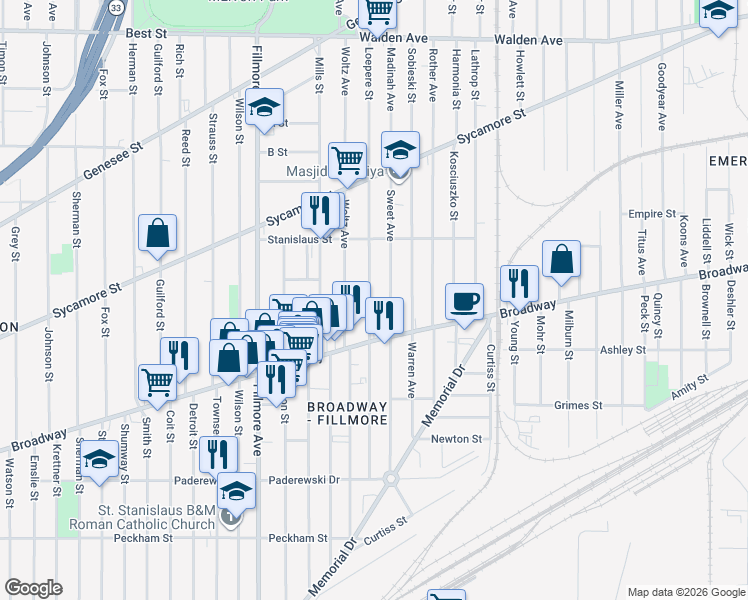 map of restaurants, bars, coffee shops, grocery stores, and more near 43 Loepere Street in Buffalo