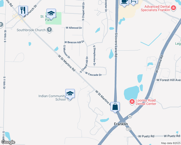 map of restaurants, bars, coffee shops, grocery stores, and more near 10330 West Cascade Drive in Franklin