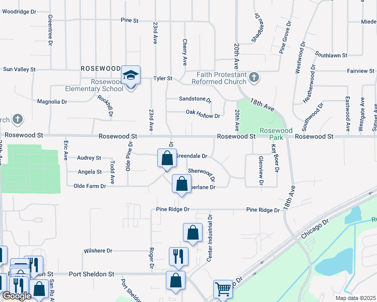 map of restaurants, bars, coffee shops, grocery stores, and more near 2165 Greendale Drive in Georgetown Township
