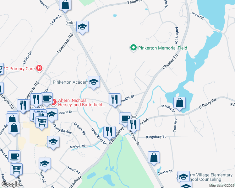 map of restaurants, bars, coffee shops, grocery stores, and more near 15 North Main Street in Derry