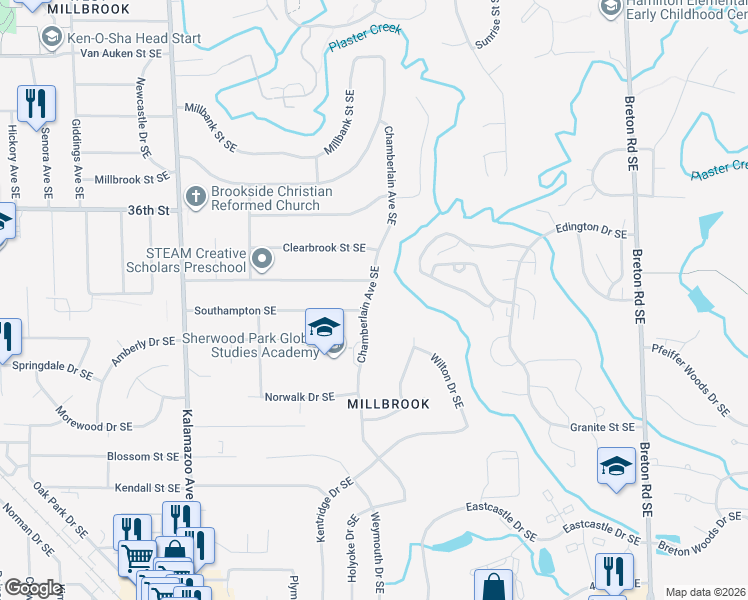 map of restaurants, bars, coffee shops, grocery stores, and more near 3736 Chamberlain Avenue Southeast in Grand Rapids