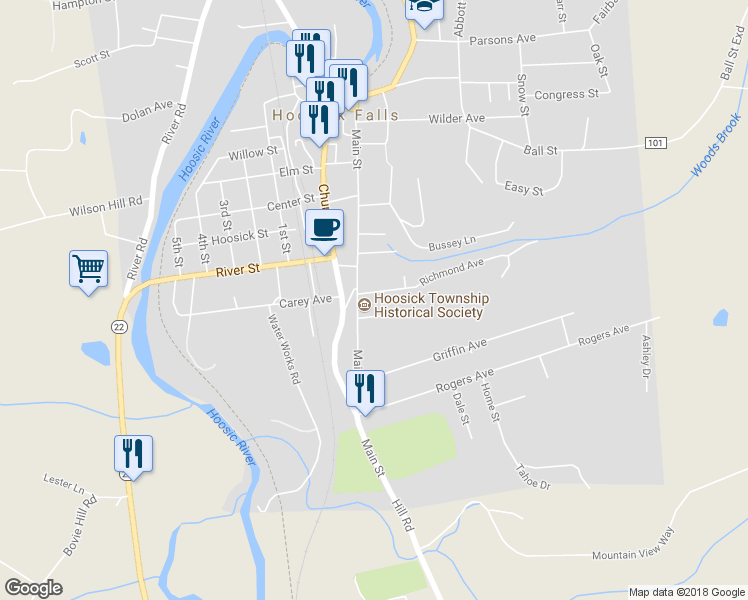 map of restaurants, bars, coffee shops, grocery stores, and more near 1 Richmond Avenue in Hoosick Falls