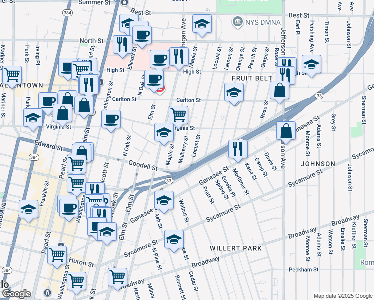 map of restaurants, bars, coffee shops, grocery stores, and more near 73 Mulberry Street in Buffalo