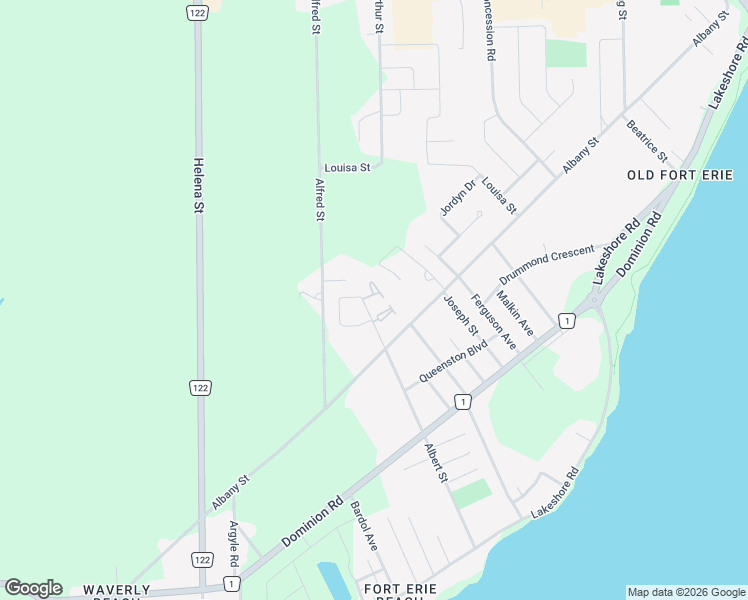 map of restaurants, bars, coffee shops, grocery stores, and more near 660 Albert Street in Fort Erie