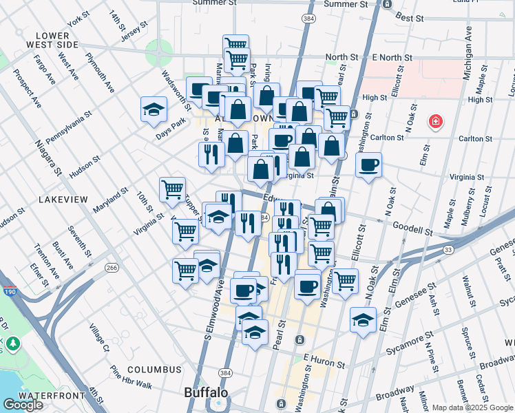 map of restaurants, bars, coffee shops, grocery stores, and more near 410 Delaware Avenue in Buffalo