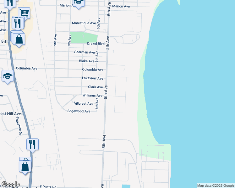map of restaurants, bars, coffee shops, grocery stores, and more near 312 Williams Avenue in South Milwaukee