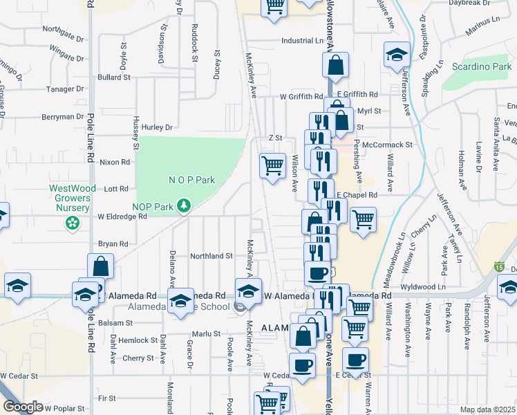 map of restaurants, bars, coffee shops, grocery stores, and more near 1127 McKinley Avenue in Pocatello