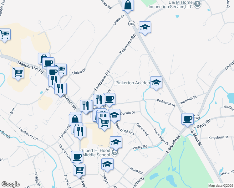 map of restaurants, bars, coffee shops, grocery stores, and more near 2 Bristol Court in Derry