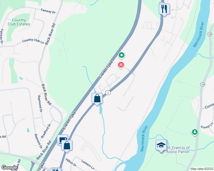 map of restaurants, bars, coffee shops, grocery stores, and more near 40 Shelburne Road in Merrimack
