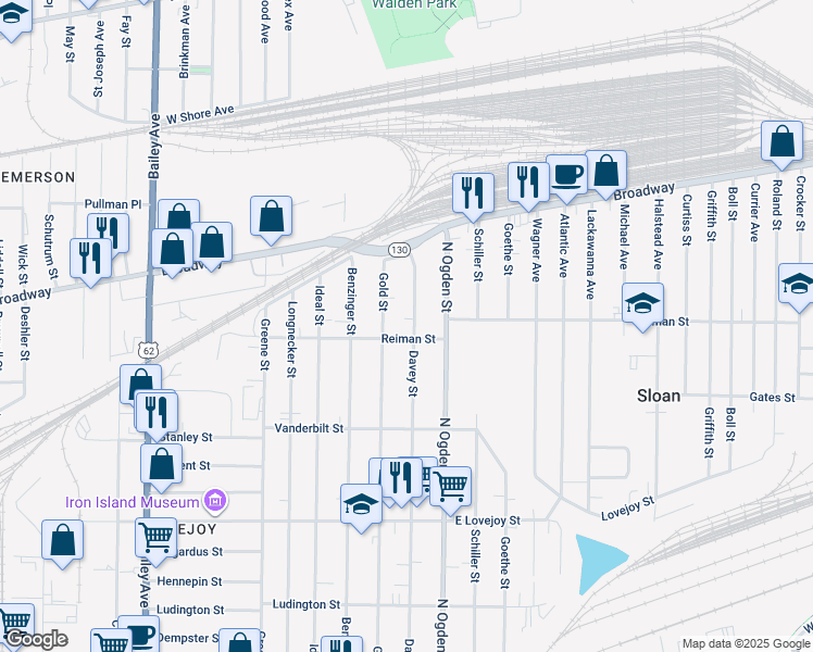 map of restaurants, bars, coffee shops, grocery stores, and more near 388 Davey Street in Buffalo