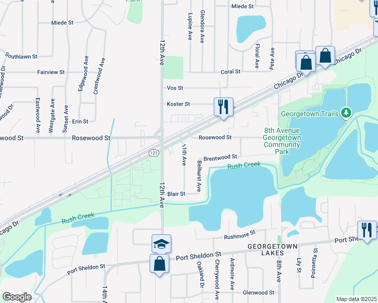 map of restaurants, bars, coffee shops, grocery stores, and more near 1085 Brentwood Street in Georgetown Township