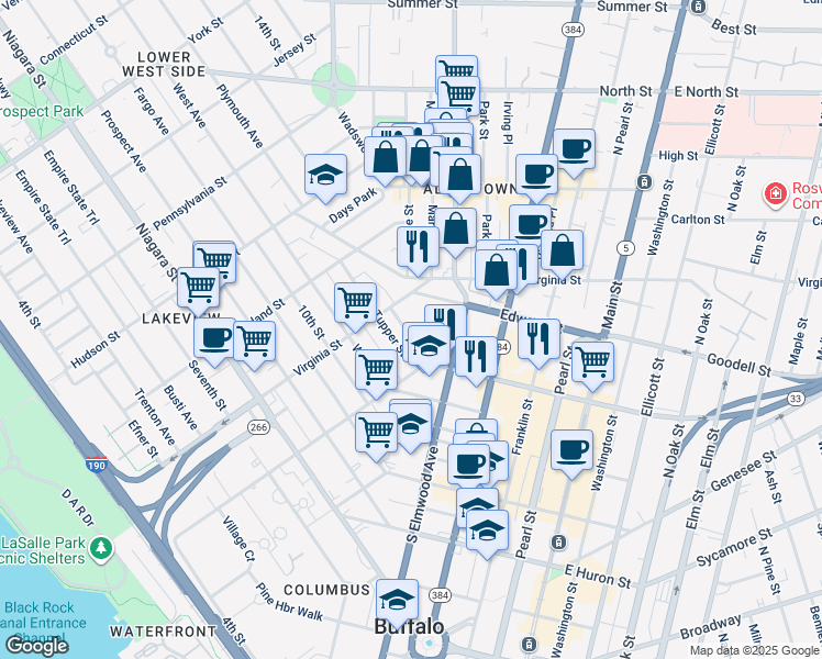 map of restaurants, bars, coffee shops, grocery stores, and more near 95 Trinity Place in Buffalo