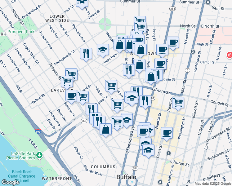 map of restaurants, bars, coffee shops, grocery stores, and more near 299 Virginia Street in Buffalo