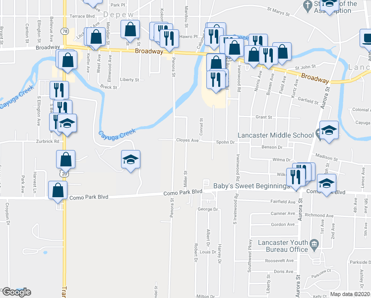 map of restaurants, bars, coffee shops, grocery stores, and more near 284A Miller Street in Depew