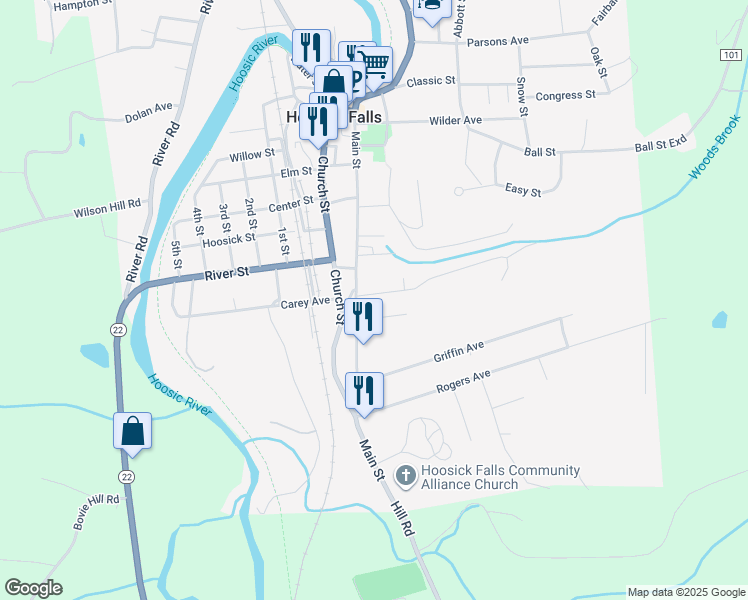 map of restaurants, bars, coffee shops, grocery stores, and more near 1 Richmond Avenue in Hoosick Falls
