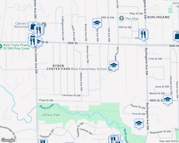 map of restaurants, bars, coffee shops, grocery stores, and more near 3800 Boone Avenue Southwest in Wyoming