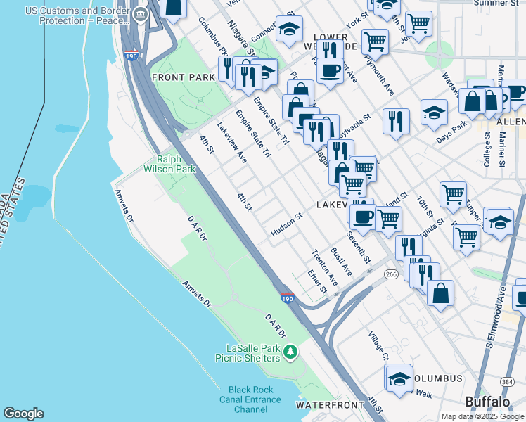 map of restaurants, bars, coffee shops, grocery stores, and more near 7 Rosetta Petruzzi Way in Buffalo