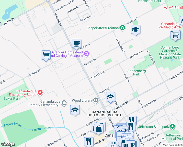 map of restaurants, bars, coffee shops, grocery stores, and more near 235 North Main Street in Canandaigua