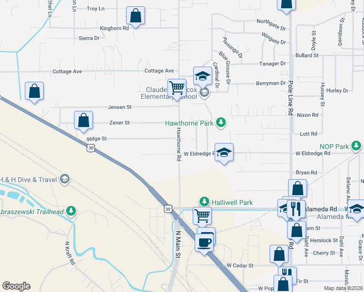 map of restaurants, bars, coffee shops, grocery stores, and more near 3516 Hawthorne Road in Pocatello