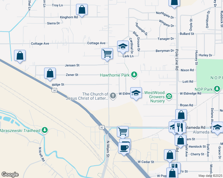 map of restaurants, bars, coffee shops, grocery stores, and more near 3516 Hawthorne Road in Pocatello