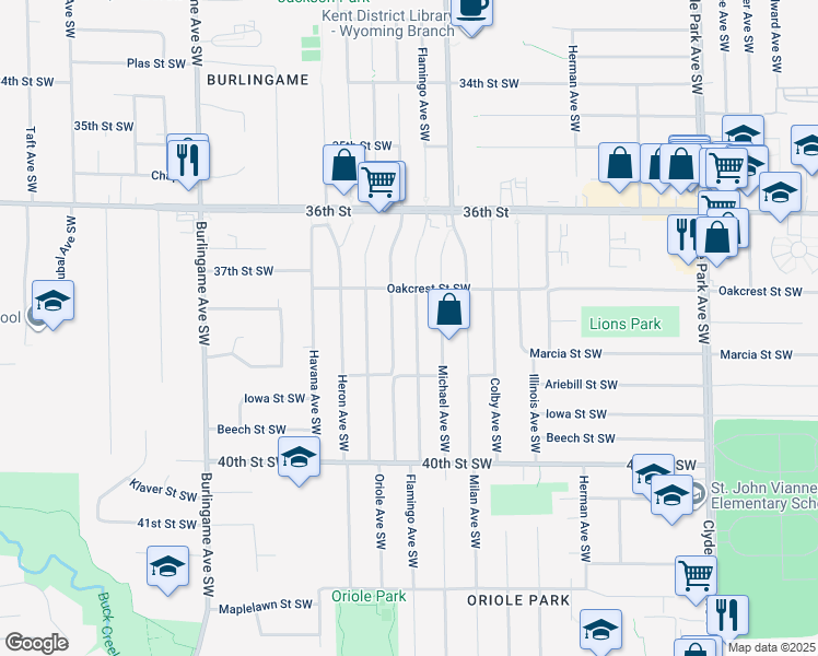 map of restaurants, bars, coffee shops, grocery stores, and more near 3737 Flamingo Avenue Southwest in Wyoming