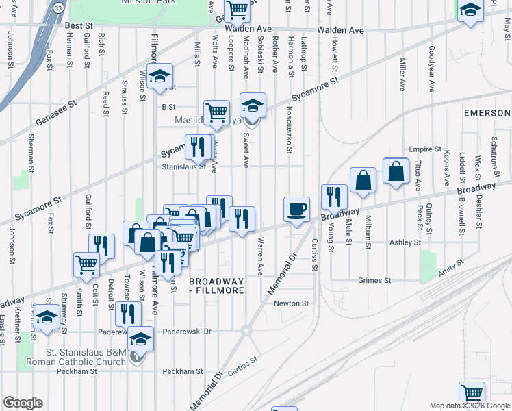 map of restaurants, bars, coffee shops, grocery stores, and more near 38 Sobieski Street in Buffalo