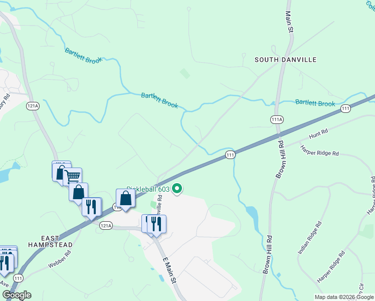 map of restaurants, bars, coffee shops, grocery stores, and more near 101 Danville Road in Hampstead