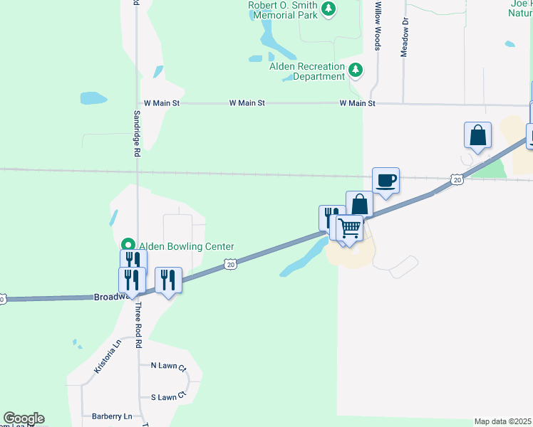 map of restaurants, bars, coffee shops, grocery stores, and more near 12670 Broadway in Alden
