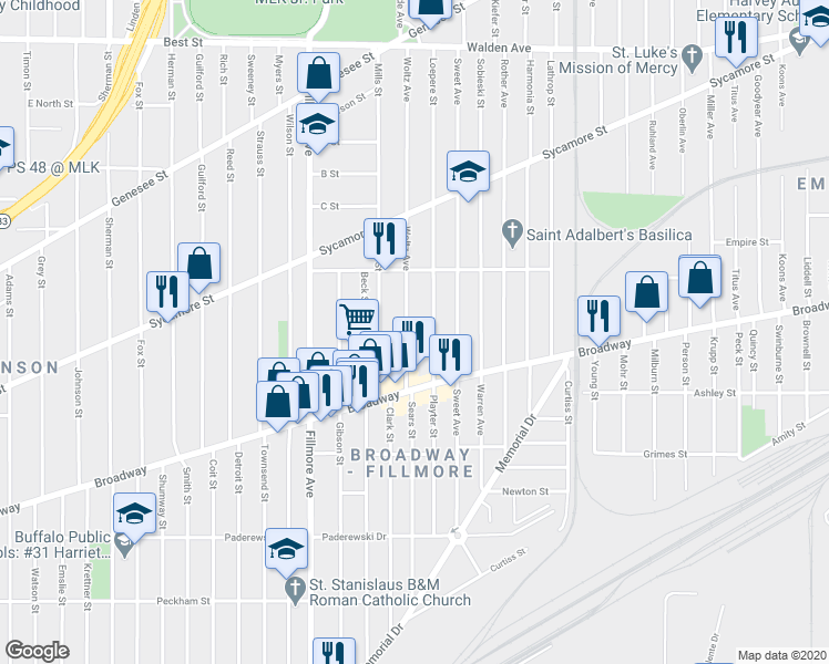 map of restaurants, bars, coffee shops, grocery stores, and more near 57 Woltz Avenue in Buffalo
