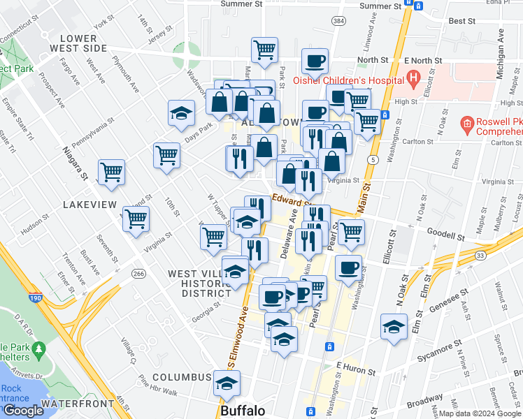 map of restaurants, bars, coffee shops, grocery stores, and more near 47 Trinity Place in Buffalo