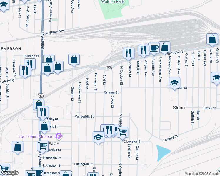 map of restaurants, bars, coffee shops, grocery stores, and more near 388 Davey St in Buffalo
